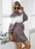 Knitted semi-turtleneck lantern sleeve color matching sweater skirt