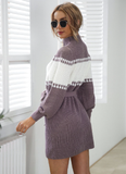 Knitted semi-turtleneck lantern sleeve color matching sweater skirt