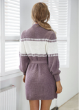 Knitted semi-turtleneck lantern sleeve color matching sweater skirt