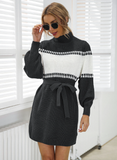 Knitted semi-turtleneck lantern sleeve color matching sweater skirt