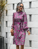 stand-up collar lantern sleeve dress floral lace A-line skirt