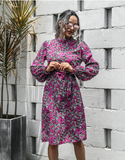 stand-up collar lantern sleeve dress floral lace A-line skirt