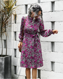 stand-up collar lantern sleeve dress floral lace A-line skirt