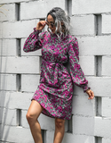 stand-up collar lantern sleeve dress floral lace A-line skirt