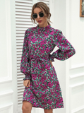 stand-up collar lantern sleeve dress floral lace A-line skirt