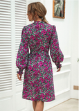stand-up collar lantern sleeve dress floral lace A-line skirt