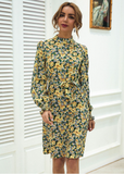 stand-up collar lantern sleeve dress floral lace A-line skirt