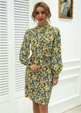 stand-up collar lantern sleeve dress floral lace A-line skirt