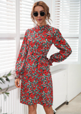 stand-up collar lantern sleeve dress floral lace A-line skirt