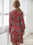 stand-up collar lantern sleeve dress floral lace A-line skirt