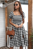 puff sleeve plaid pleated dress foreign trade explosions