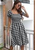 puff sleeve plaid pleated dress foreign trade explosions