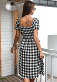 puff sleeve plaid pleated dress foreign trade explosions
