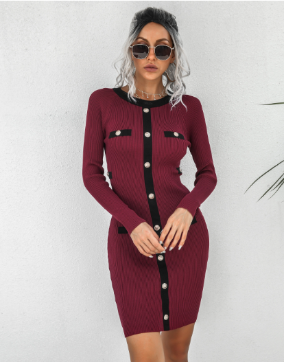rivet long sleeve knitted jumpsuit hip skirt