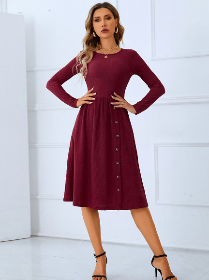 red round neck skirt long sleeve pleated button dress