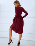 red round neck skirt long sleeve pleated button dress