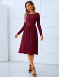 red round neck skirt long sleeve pleated button dress