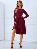 red round neck skirt long sleeve pleated button dress
