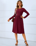 red round neck skirt long sleeve pleated button dress