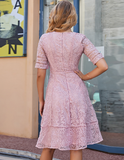 embroidered lace V-neck waist slim A-line dress