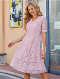 embroidered lace V-neck waist slim A-line dress