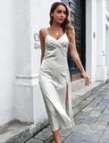 split single-breasted V-neck satin solid color dress