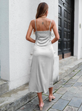 split single-breasted V-neck satin solid color dress