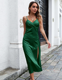 split single-breasted V-neck satin solid color dress