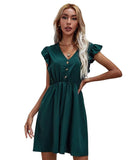 A-Line Sundress Ruched Boho Buttons Pleated Pockets Sleeveless Green Dress