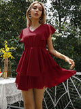 Fashion V-neck Solid Elegant Party Dress Lotus Leaf Sleeves Princess Women Dress