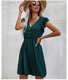 A-Line Sundress Ruched Boho Buttons Pleated Pockets Sleeveless Green Dress