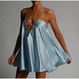 Chain Sling Cutout Satin Sexy Sleeveless Backless Ruffle Hem Female Dresses