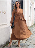 Fashion Womens Solid V Neck Lace Up High Waist Long Dresses