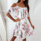 Women Elegant Spaghetti Strap Off Shoulder Ruffled Summer A-Line Floral Dress