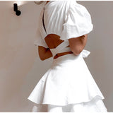 Summer Cotton Puff Sleeve Hollow Out Backless Ruffle Lace Up Mini Dress