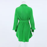 Fashion Long Sleeve Green Pleated Shirt Dress