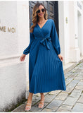 Fashion Womens Solid V Neck Lace Up High Waist Long Dresses