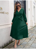 Fashion Womens Solid V Neck Lace Up High Waist Long Dresses