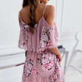 Women Elegant Spaghetti Strap Off Shoulder Ruffled Summer A-Line Floral Dress