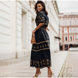 Women Cotton Retro Half Sleeve Elegant Print Lace Up Shirt Dress