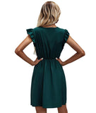 A-Line Sundress Ruched Boho Buttons Pleated Pockets Sleeveless Green Dress