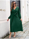 Fashion Womens Solid V Neck Lace Up High Waist Long Dresses