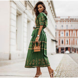 Women Cotton Retro Half Sleeve Elegant Print Lace Up Shirt Dress