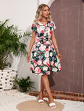 Summer Flowers Print Dress Women Sexy V Neck Belt Elegant Long Dress