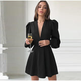 Elegant Deep V-Neck Pleated Summer Puff Sleeve Women Mini Dress