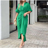 Women Turn-down Collar Lace Up Folds Single Breasted Dress
