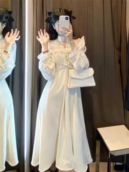 Women Fashion Puffer Sleeve Elegant One Piece French Lace Vintage Dress