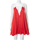 Chain Sling Cutout Satin Sexy Sleeveless Backless Ruffle Hem Female Dresses