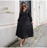 Fashion Womens Solid V Neck Lace Up High Waist Long Dresses