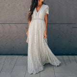 Summer New V Neck Embroidery Lace Hollow Out Maxi Dress